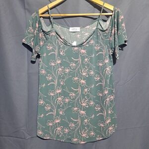 NWT Stitch Fix Sz M Kaileigh Short Sleeve Cold Shoulder Blouse Green Pink Floral